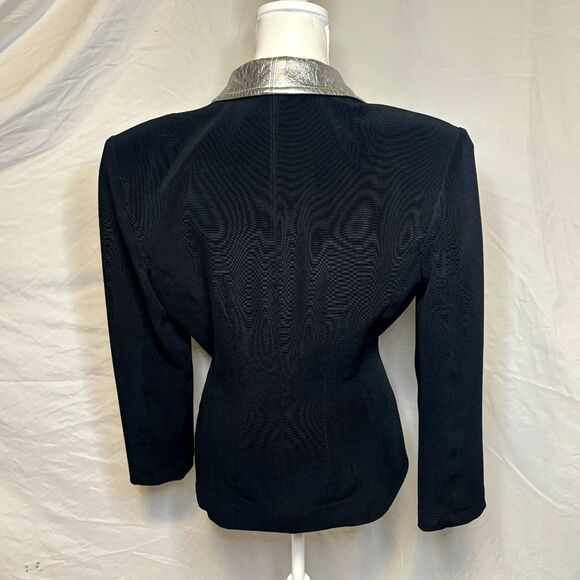 Vintage Cache Peplum Leather Womens Blazer Jacket Stretch Fabric Silver Black - Picture 7 of 11